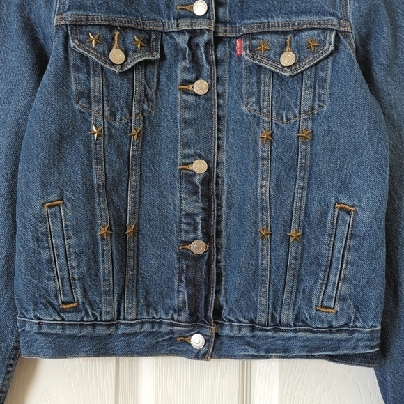 Levi's Classic Star Studded Dark Wash Long Sleeve Denim Jean Trucker Jacket XS - Picture 9 of 16